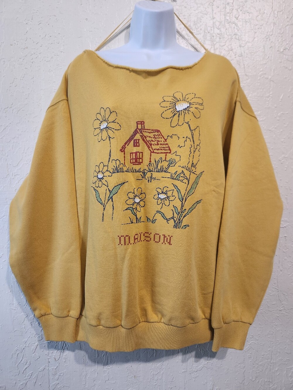 Maison Cross Stitch Graphic Off-The-Shoulder Oversized Pullover NWOT Sz S/M - Picture 5 of 8